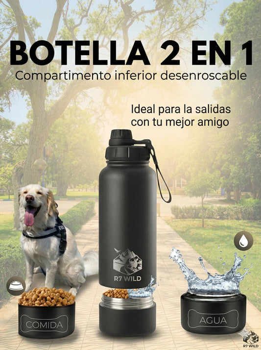 Botella 2 en 1 con plato incluido | Lleva agua y snacks para tu perrito en un sólo lugar